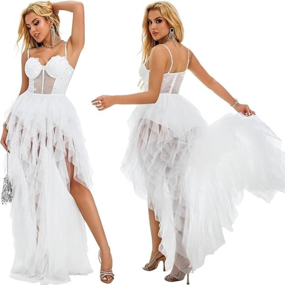 NWT! White Tulle Party Dress A Line High-Low Ruffled Fit with Corset Top Size XL - Picture 2 of 4